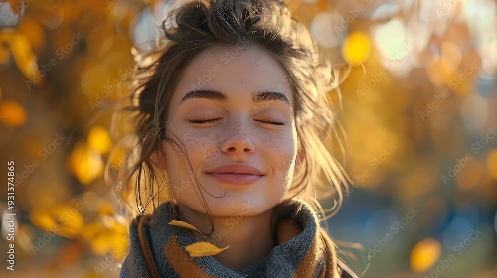 Caucasian woman with eyes closed smiling at the park in autumn : Generative AI Caucasian woman with eyes closed smiling at the park in autumn : Generative AI