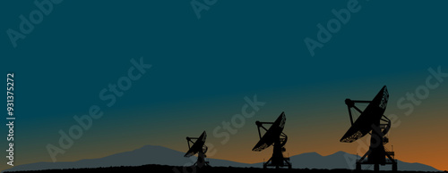 Vektor Silhouette - Radioteleskop mit Parabolspiegel beim Überwachen von Signalen und Radiofrequenzen im Weltall - Wissenschaft und Astronomie