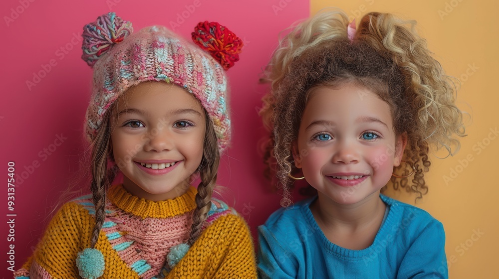 Two smiling young girls with colorful hats posing cheerfully in a brightly colored room during daylight Two smiling young girls with colorful hats posing cheerfully in a brightly colored room during daylight