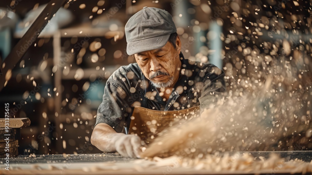 Close-up of a Thai carpenter sanding wood, sawdust flying, focused on his work Close-up of a Thai carpenter sanding wood, sawdust flying, focused on his work