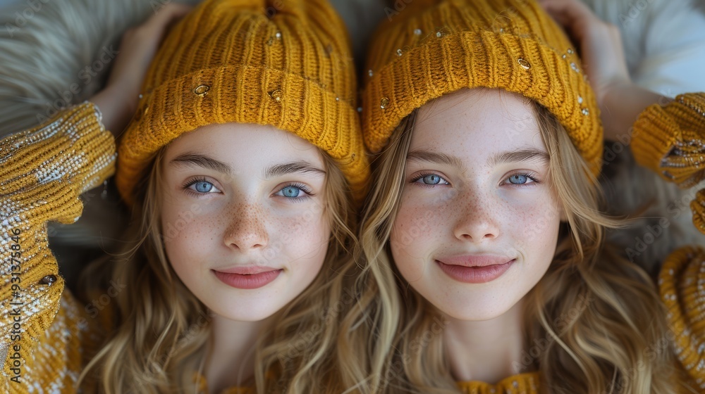 Fototapeta premium Twins wearing matching yellow knit beanies and sweaters indoors, smiling at the camera during a cozy afternoon