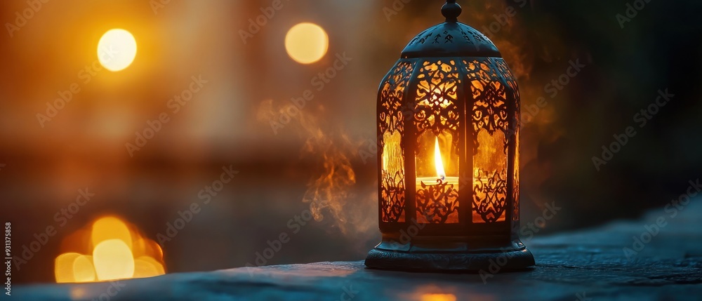 Ornate Lantern Glowing with Warm Light in Twilight Setting Ornate Lantern Glowing with Warm Light in Twilight Setting