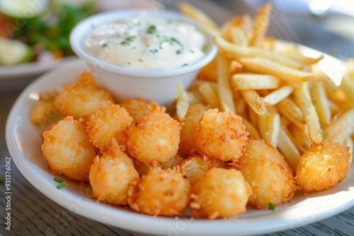 Fried Cheese. Plate of Golden Cheese with Chips and Tartar Sauce, White Square Plate