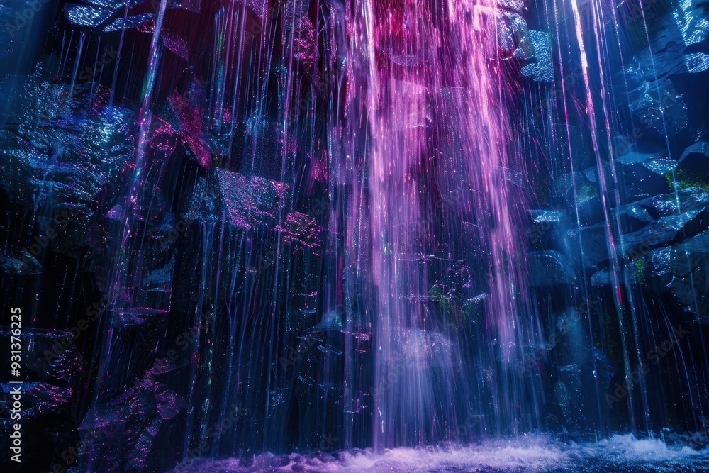 A holographic waterfall, with water made of light cascading down. A holographic waterfall, with water made of light cascading down.