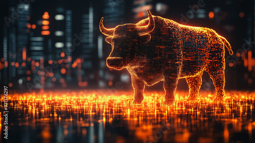 A bull is standing in a field of glowing lights. The image has a futuristic and surreal feel to it, with the bull appearing to be a symbol of strength and power in a world of technology
