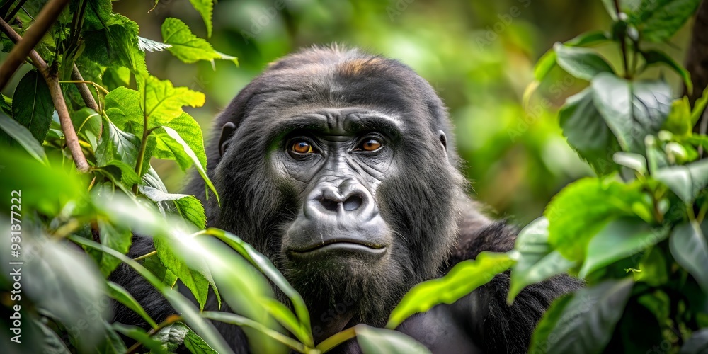 A startled gorilla peers through dense foliage in the jungle, gorilla, wildlife, jungle, lush, green, intense, eyes A startled gorilla peers through dense foliage in the jungle, gorilla, wildlife, jungle, lush, green, intense, eyes