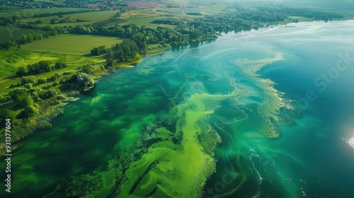 Algal bloom in lake due to agricultural runoff, photo