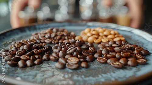 Close up Different levels types of roasting coffee beans arabica on a plate starting from the left from the darkest strong roasting to the right to the lightest raw coffee beans Milan  : Generative AI photo