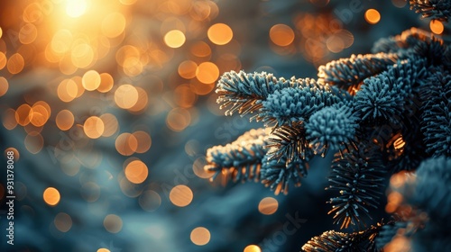Close-up of frosted pine branches with golden bokeh in winter sunlight