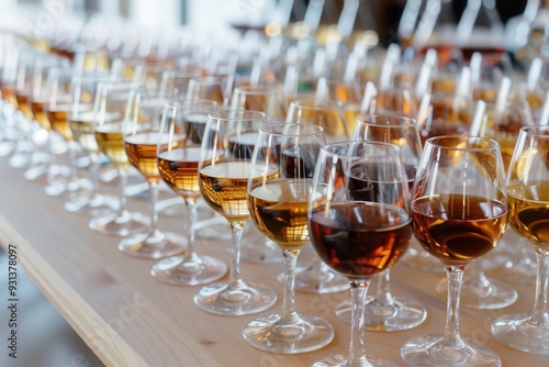 A table full of wine glasses with different colored liquids in them