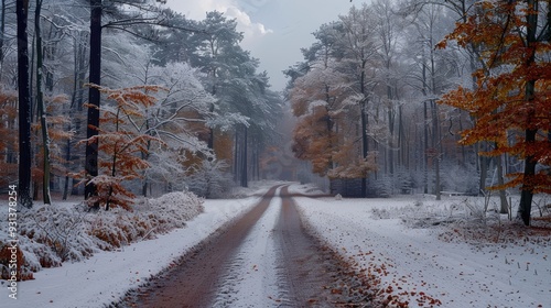 Snow-covered forest path winding through trees in winter