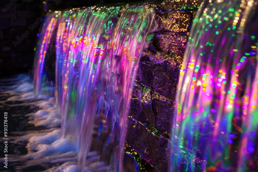 A holographic waterfall, with water made of light cascading down. A holographic waterfall, with water made of light cascading down.