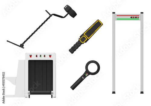 Scanners and metal detector airport security checkpoint machine set realistic vector illustration