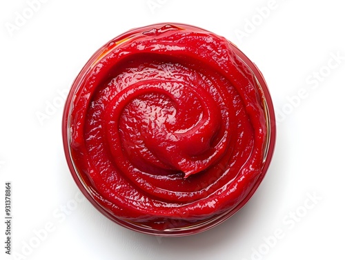 Freshly made tomato ketchup in a glass jar, showcasing its vibrant color and smooth texture photo