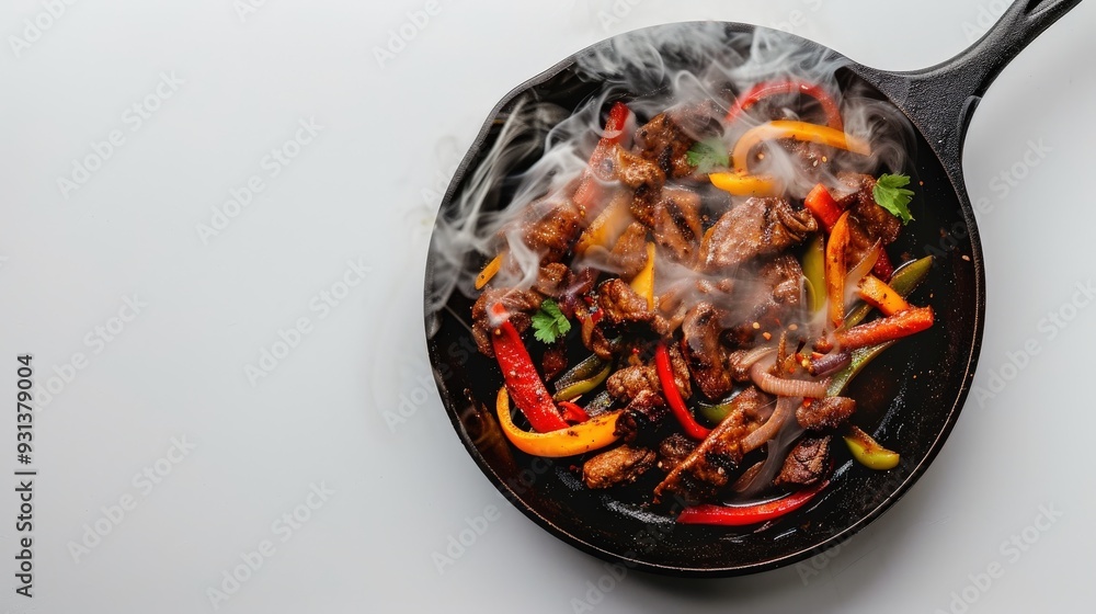 A pan of food is cooking on a stove, with steam rising from it A pan of food is cooking on a stove, with steam rising from it