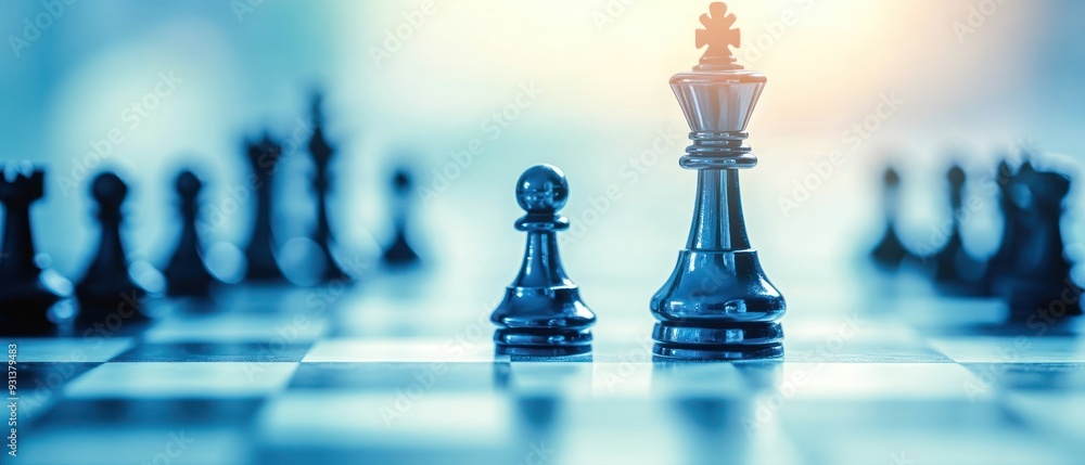 Chess King and Pawn Facing Off on a Blue Chessboard Chess King and Pawn Facing Off on a Blue Chessboard