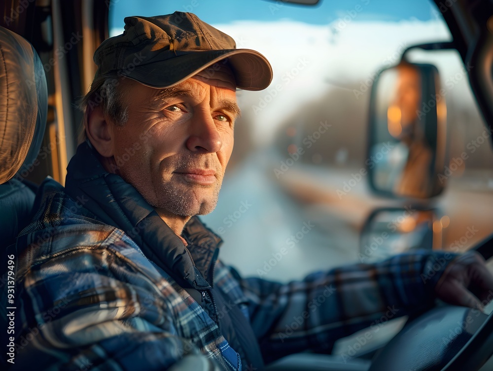 A truck driver pauses in a cab during twilight near a winding road surrounded by trees A truck driver pauses in a cab during twilight near a winding road surrounded by trees