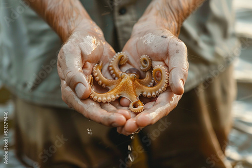 Baby octopus in the hand of man. Rescue of small sea ​​dweller and letting go release back to the ocean. Saving and protecting a endangered sea creature concept photo