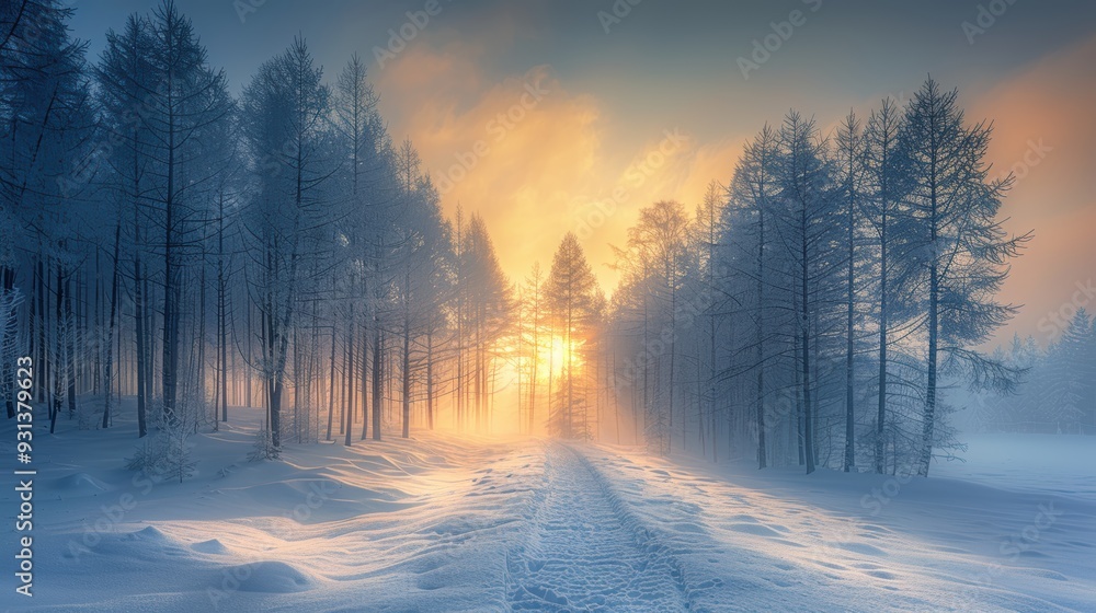 Misty winter landscape at dawn with trees and sunlight breaking through Misty winter landscape at dawn with trees and sunlight breaking through