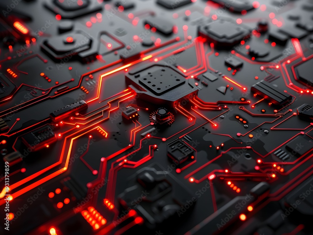 Close-up of a circuit board with glowing red pathways and modern electronics Close-up of a circuit board with glowing red pathways and modern electronics