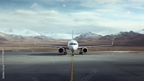 Lone Airplane Parked at Remote Desert or Icy Airport Emphasizing Isolation photo