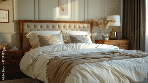 Wallpaper Mural Stylish bedroom interior with large comfortable bed and chest of drawers : Generative AI Torontodigital.ca