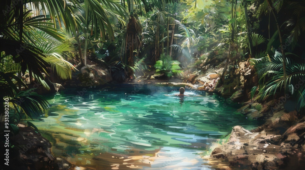 A painting of a man swimming in a lake surrounded by trees A painting of a man swimming in a lake surrounded by trees