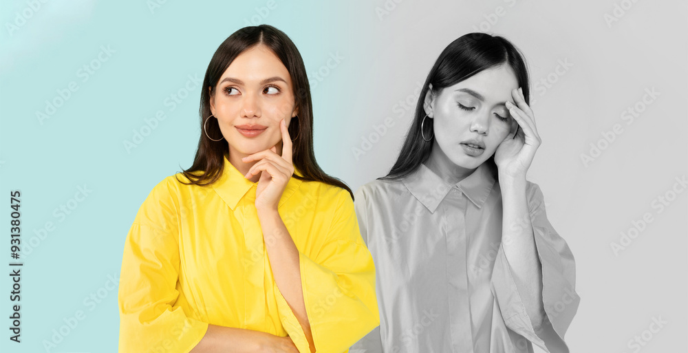 A young woman stands confidently, wearing a bright yellow top, while displaying a thoughtful expression with her finger on her chin. Her pose contrasts with another version of herself in muted tones A young woman stands confidently, wearing a bright yellow top, while displaying a thoughtful expression with her finger on her chin. Her pose contrasts with another version of herself in muted tones