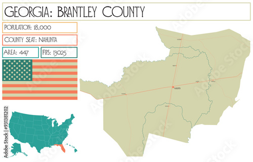 Large and detailed map of Brantley County in Georgia USA.