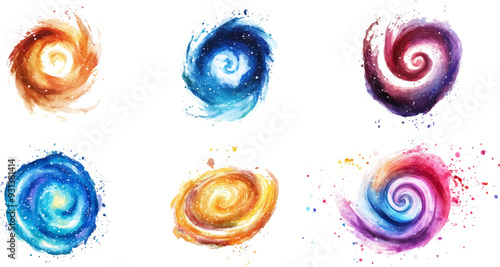 Set of watercolor spiral galaxies isolated