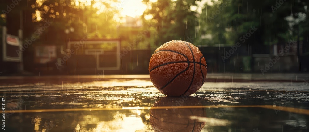 Basketball on wet outdoor court Basketball on wet outdoor court
