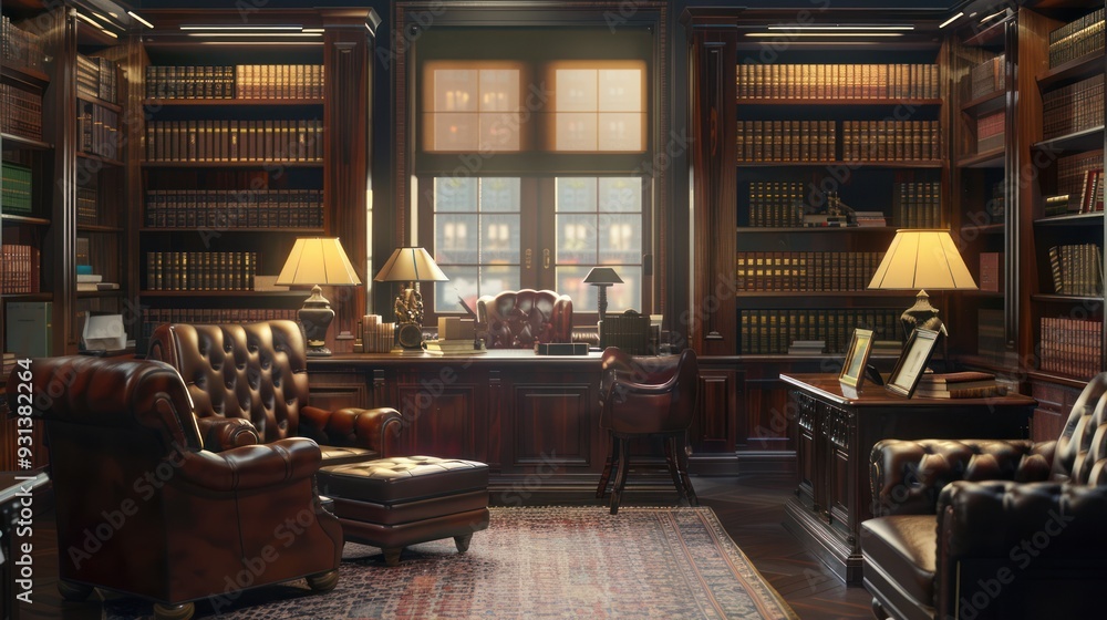 Luxurious Library with Leather Armchairs and Bookshelves Luxurious Library with Leather Armchairs and Bookshelves