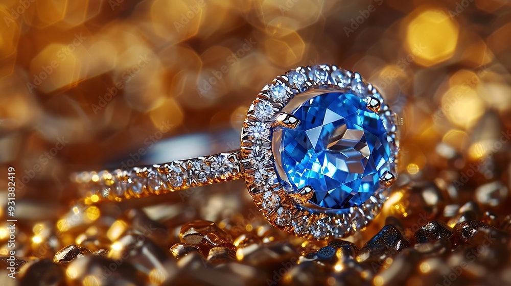 beautiful ring with big blue topaz and diamonds on golden jewelry background : Generative AI beautiful ring with big blue topaz and diamonds on golden jewelry background : Generative AI