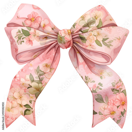 Fototapeta Naklejka Na Ścianę i Meble -  Beautiful ribbon bow with floral flowers pattern print. Coquette aesthetic clipart design element isolated on white background