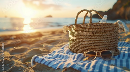 Summer accessories on sandy beach at sunset Woven bag with sunscreen inside next to stylish sun hat White sunglasses lie on blue striped towel Vacation essentials for sun protection : Generative AI