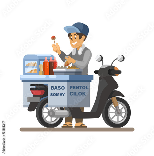 Man Selling Pentol aka Meatball Indonesian Street Food Illustration Vector