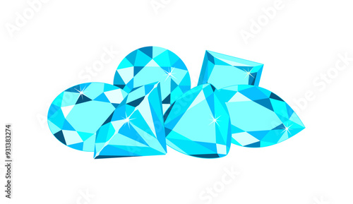 Heap of blue gemstones isolated on white background. Vector cartoon flat illustration of aquamarine crystals.