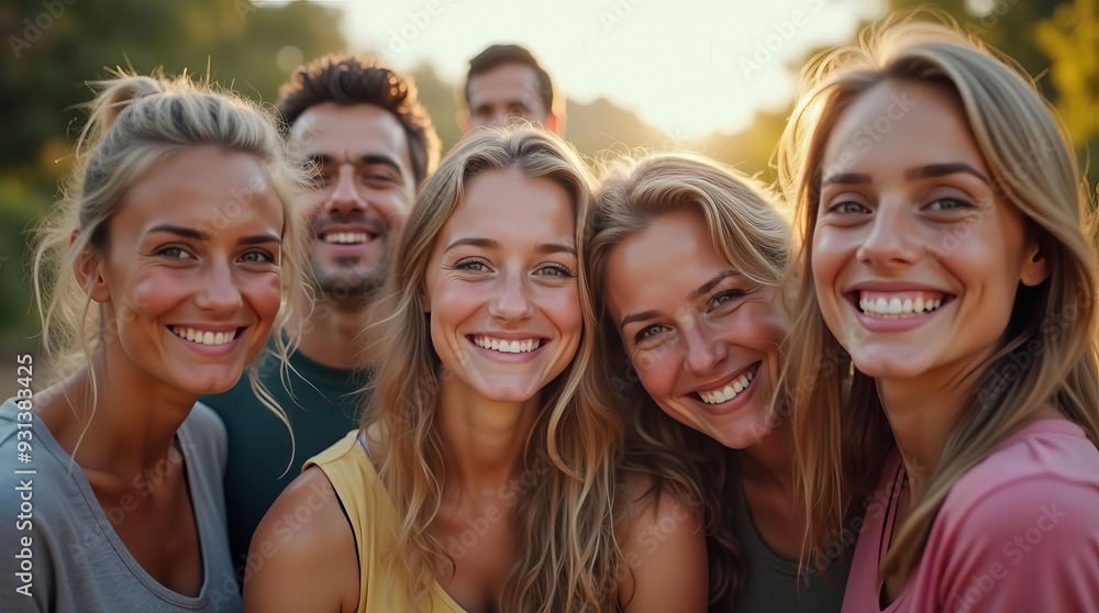 Radiant Group of Friends: Joyful Smiles Capturing Genuine Happiness and Youthful Camaraderie in Sunlit Moment Radiant Group of Friends: Joyful Smiles Capturing Genuine Happiness and Youthful Camaraderie in Sunlit Moment