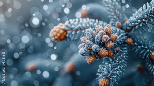 Frost-covered pine branches adorned with cones and snowflakes in a winter forest