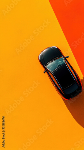 Aerial view of a black car casting a shadow against a vibrant orange and yellow background, showcasing modern automotive design. photo