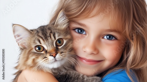 A girl holds her affectionate cat close to her chest, showing a loving embrace on white background 