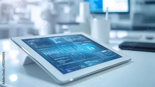 A detailed close-up of a digital tablet displaying a blockchain ledger, with medical data and encrypted transactions visible, set on a pristine white desk, soft, diffused lighting highlighting the