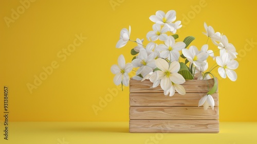 White Flowers in Wooden Crate on Yellow Background