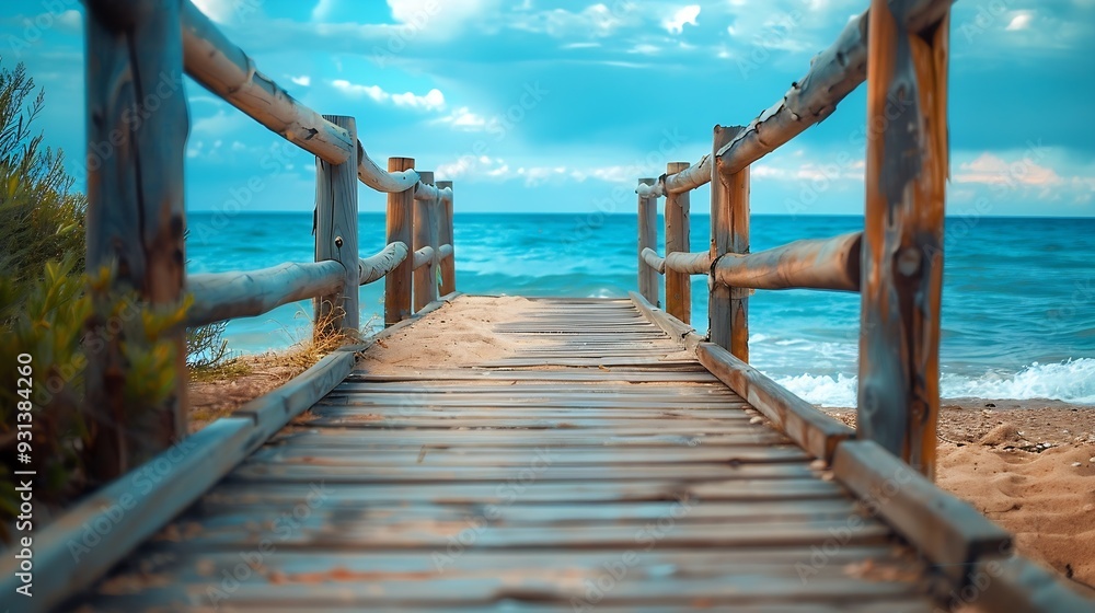 Wooden walkway to reach the beach sea in the background of the image : Generative AI Wooden walkway to reach the beach sea in the background of the image : Generative AI