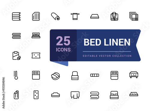 Bed linen flat minimal line icons set. Cushion, blanket, sheets, pillow, mattress topper, vector illustrations. Simple editable stroke vector illustration.