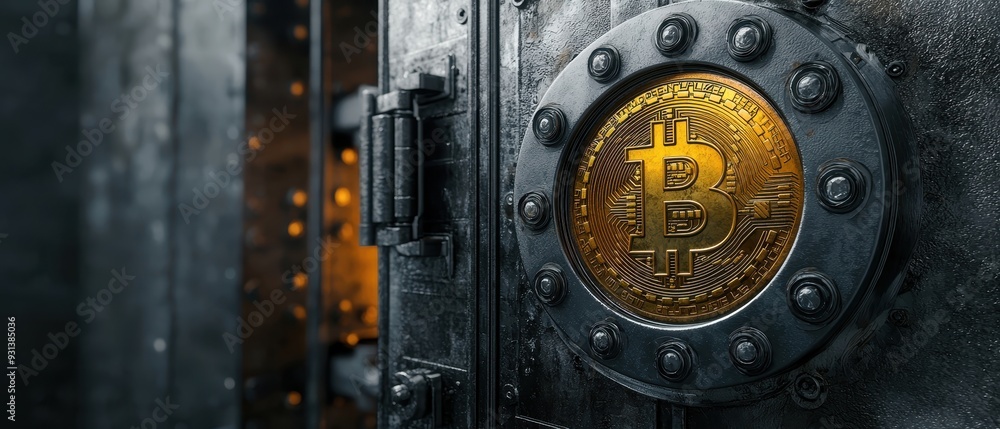 Bitcoin symbol on a secure vault door Bitcoin symbol on a secure vault door