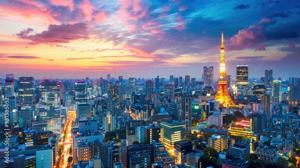Fototapeta premium Picture the futuristic skyline of Tokyo, with its neon lights, bustling Shibuya Crossing, and serene temples.