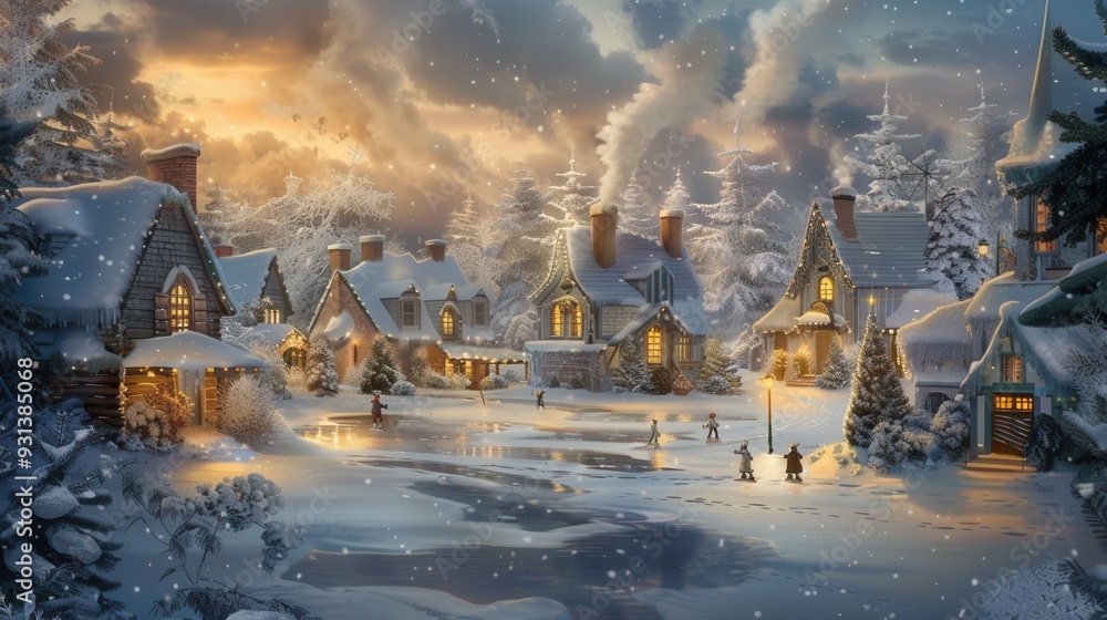 Obraz premium Snow gently falls on a charming village as smoke rises from chimneys, illuminating the quaint cottages with a warm glow in the tranquil evening. Generative AI