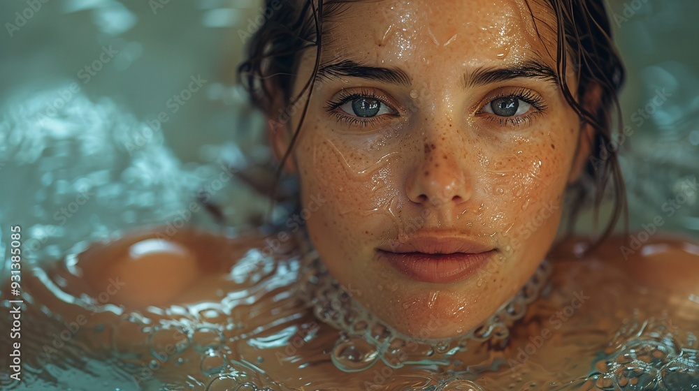 Woman participating in an aqua HIIT (High-Intensity Interval Training) session in a fitness pool, intense water workout Woman participating in an aqua HIIT (High-Intensity Interval Training) session in a fitness pool, intense water workout
