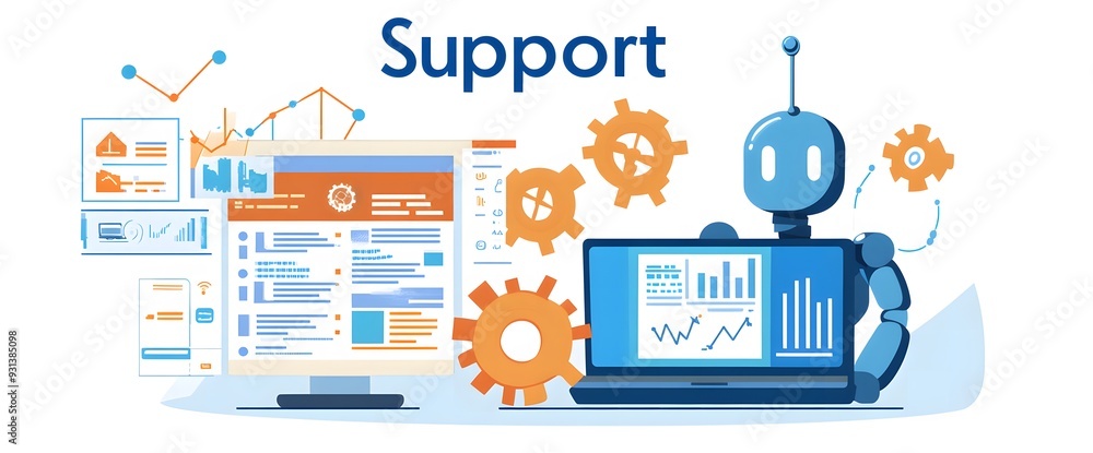 An engaging image of a robot AI assistant offering support, depicted with floating gears and a high-tech laptop interface An engaging image of a robot AI assistant offering support, depicted with floating gears and a high-tech laptop interface
